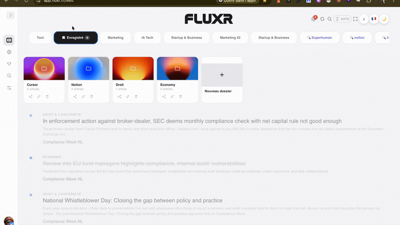 Démonstration des dossiers et du tri d'articles sauvegardés dans Fluxr