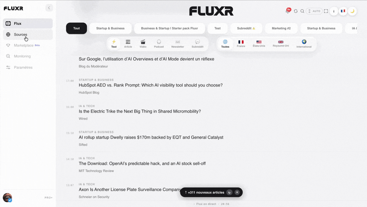 Démonstration des nouvelles sources de presse locale dans Fluxr